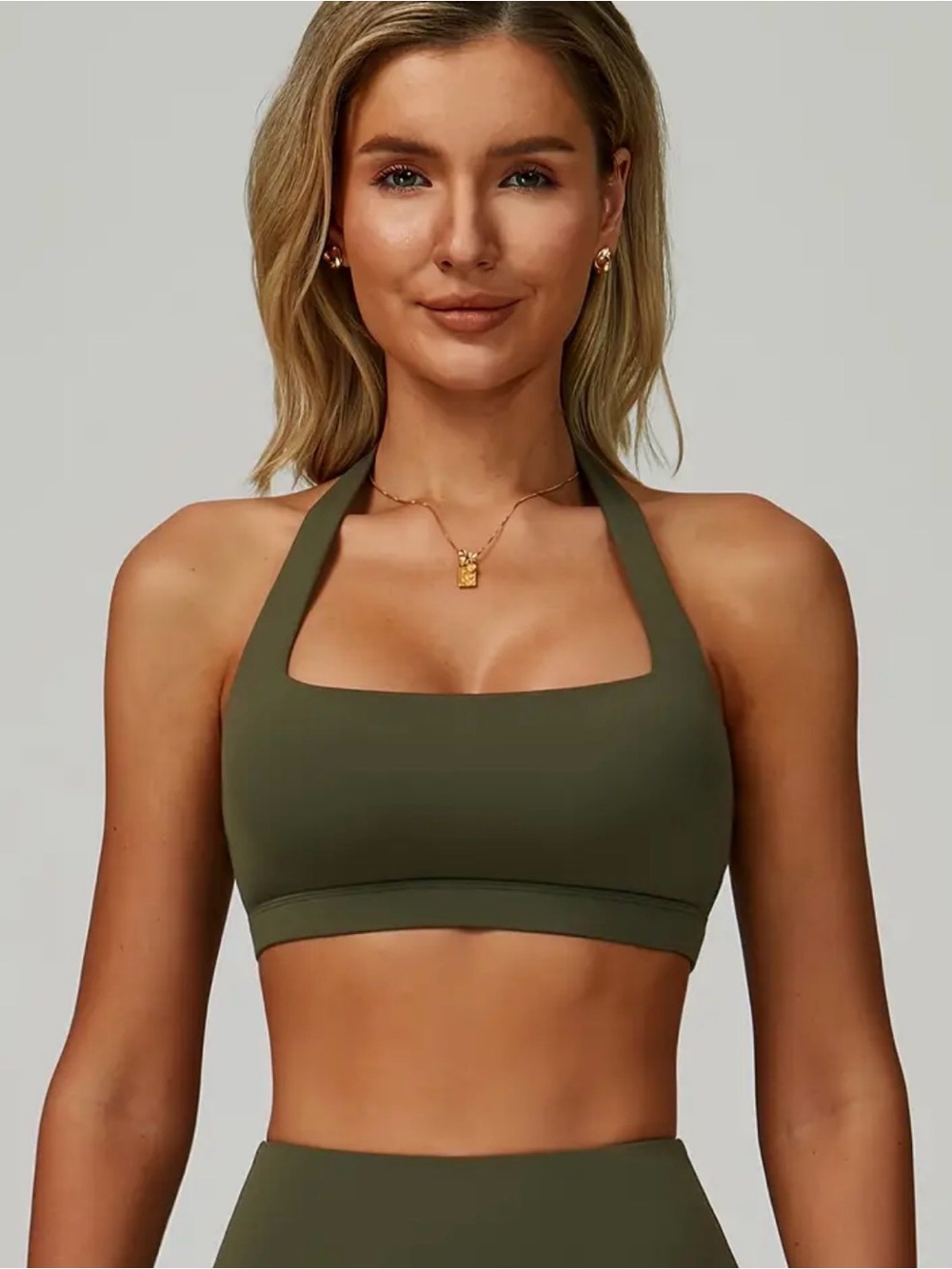 Olive Green Halter Sports Bra Removable Pads Open Back Small